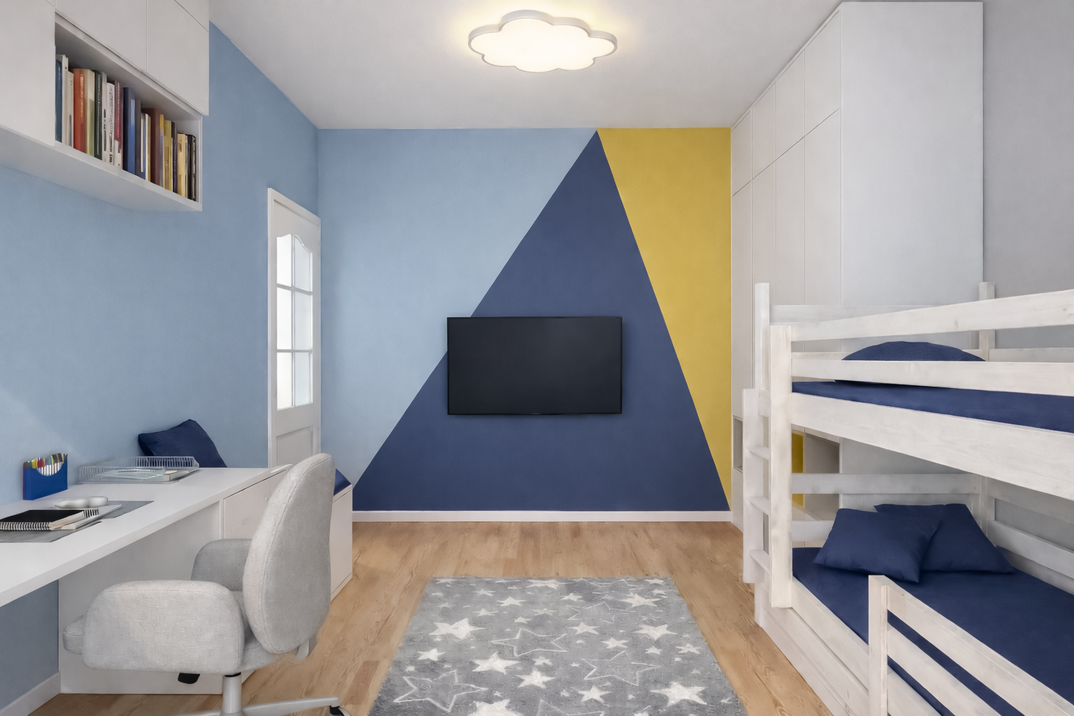 Dvynukų kambario renovacija vaikų kambario vizualizacijos – 2 vaizdas