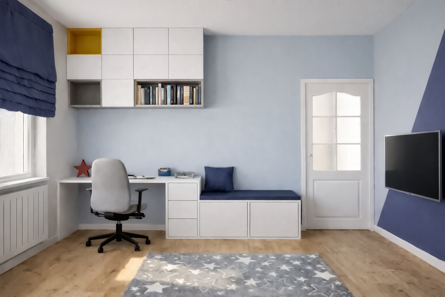 Dvynukų kambario renovacija vaikų kambario vizualizacijos – 3 vaizdas